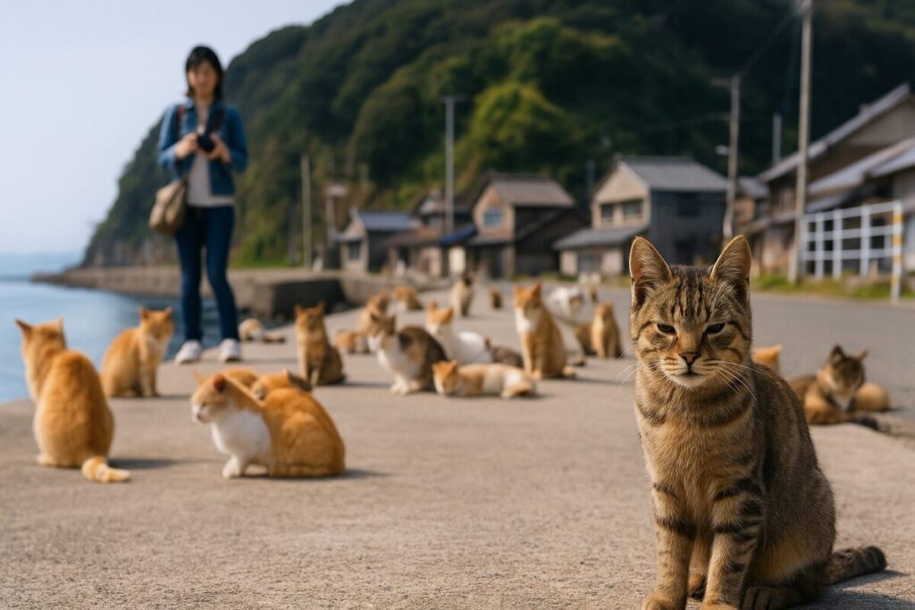 猫島で日向ぼっこをする猫と穏やかな海の風景