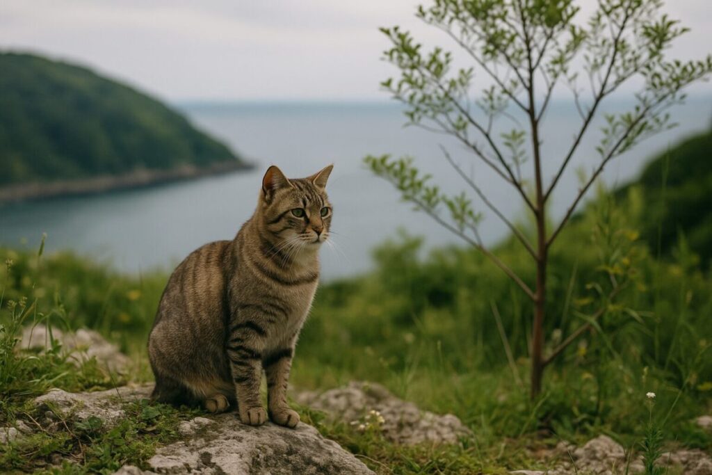 自然豊かな島で暮らす猫と生態系の風景