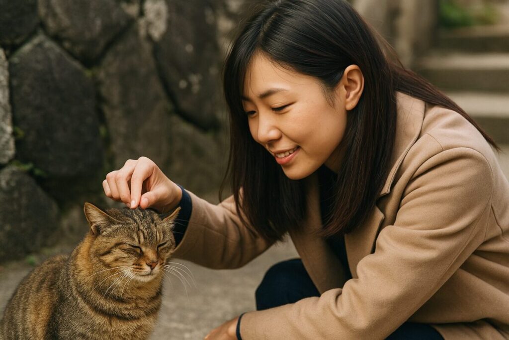 猫を尊重しながら優しく触れ合う女性
