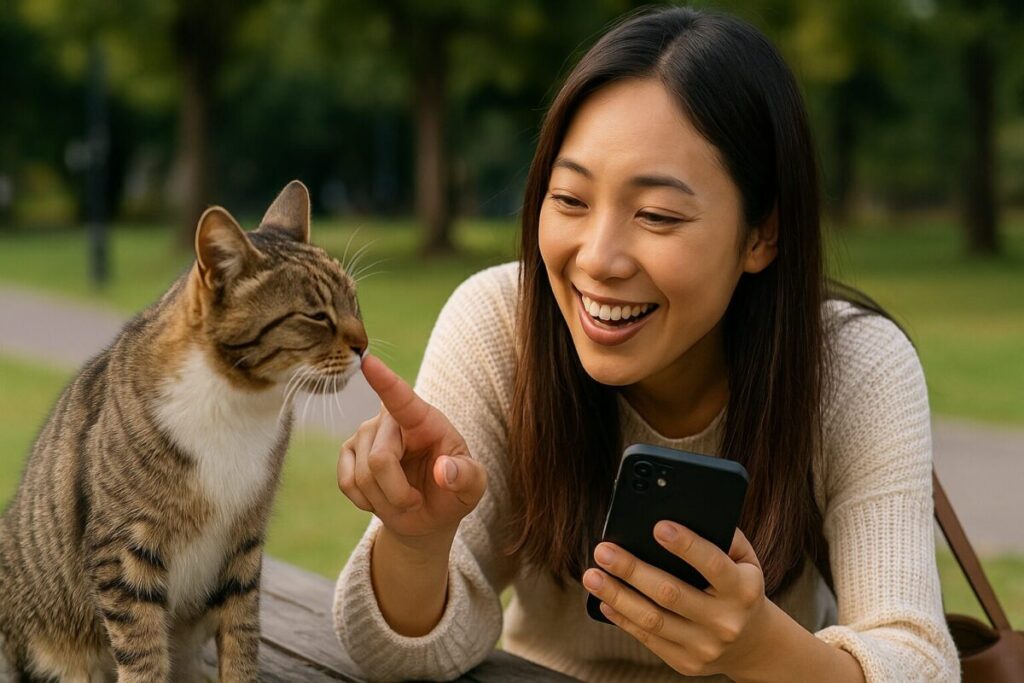 猫島の最新情報を訪問前にスマホで確認する女性