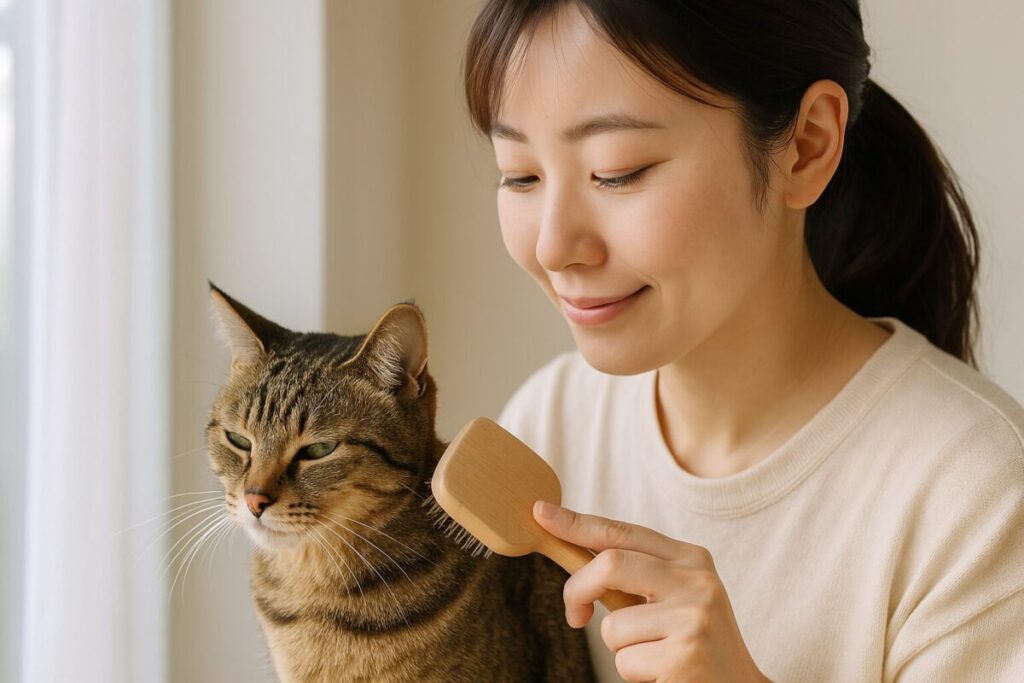 猫をブラッシングしている女性の写真