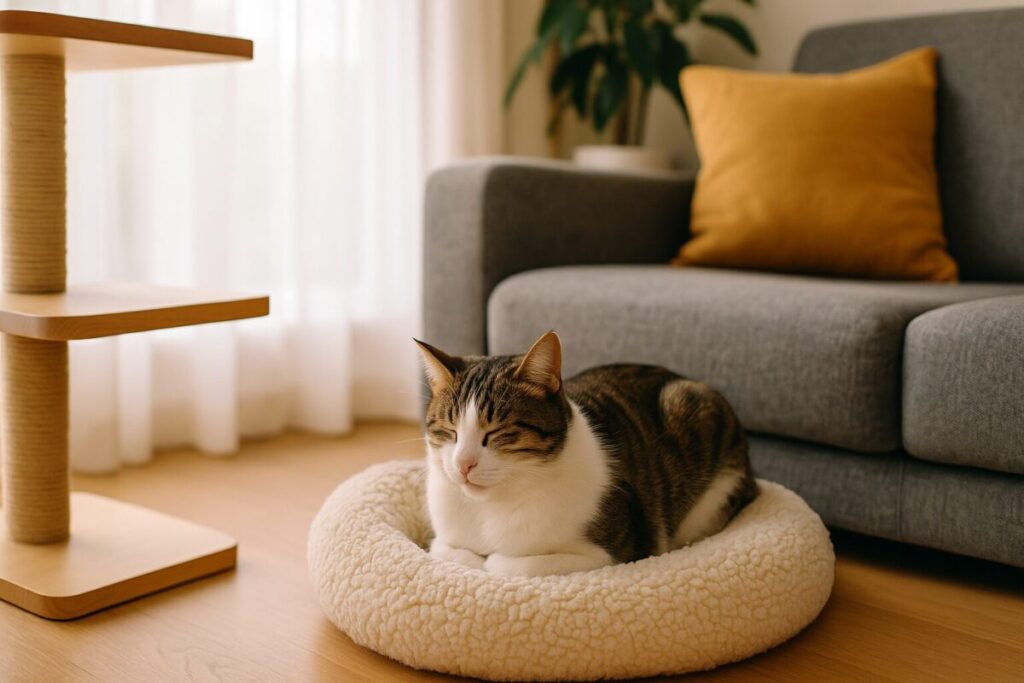 猫が落ち着いてくつろいでいる静かな部屋の様子