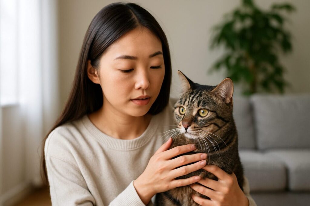 猫を抱いて優しく見つめる日本人女性の写真