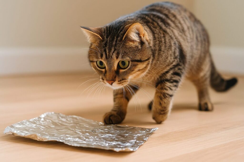 アルミホイルに興味を示す猫の写真
