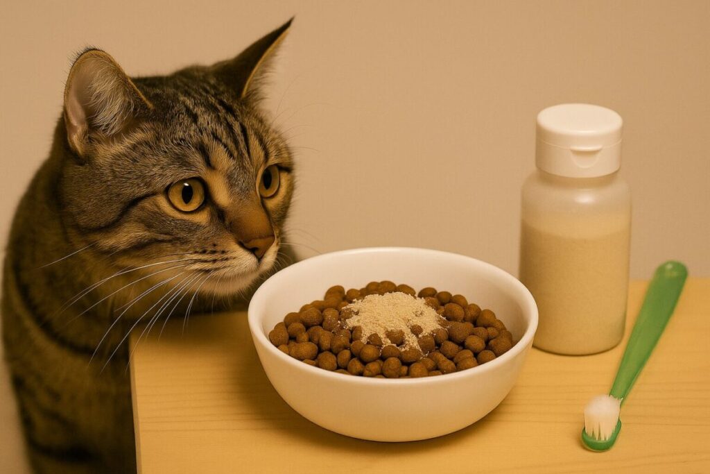 猫がデンタルケア用ふりかけと歯ブラシを見ている写真