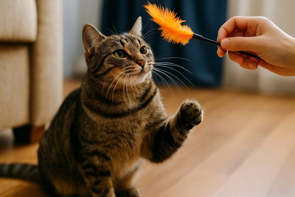 室内で猫じゃらしのおもちゃで遊ぶキジトラ猫の写真