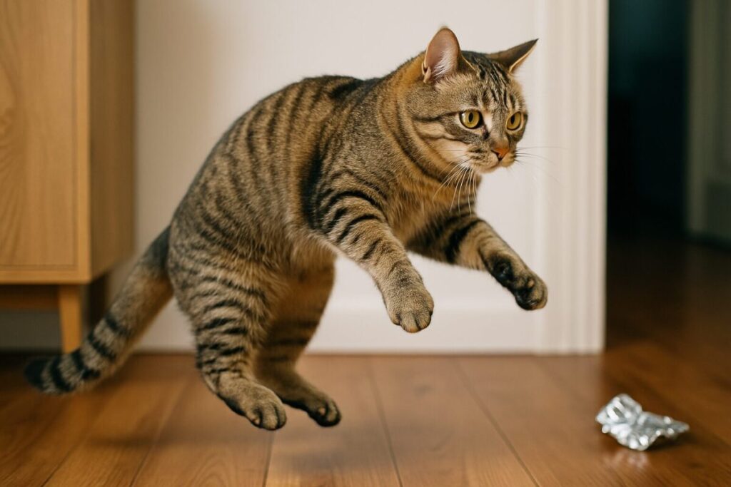 アルミホイルから自己防衛本能で飛びのく猫