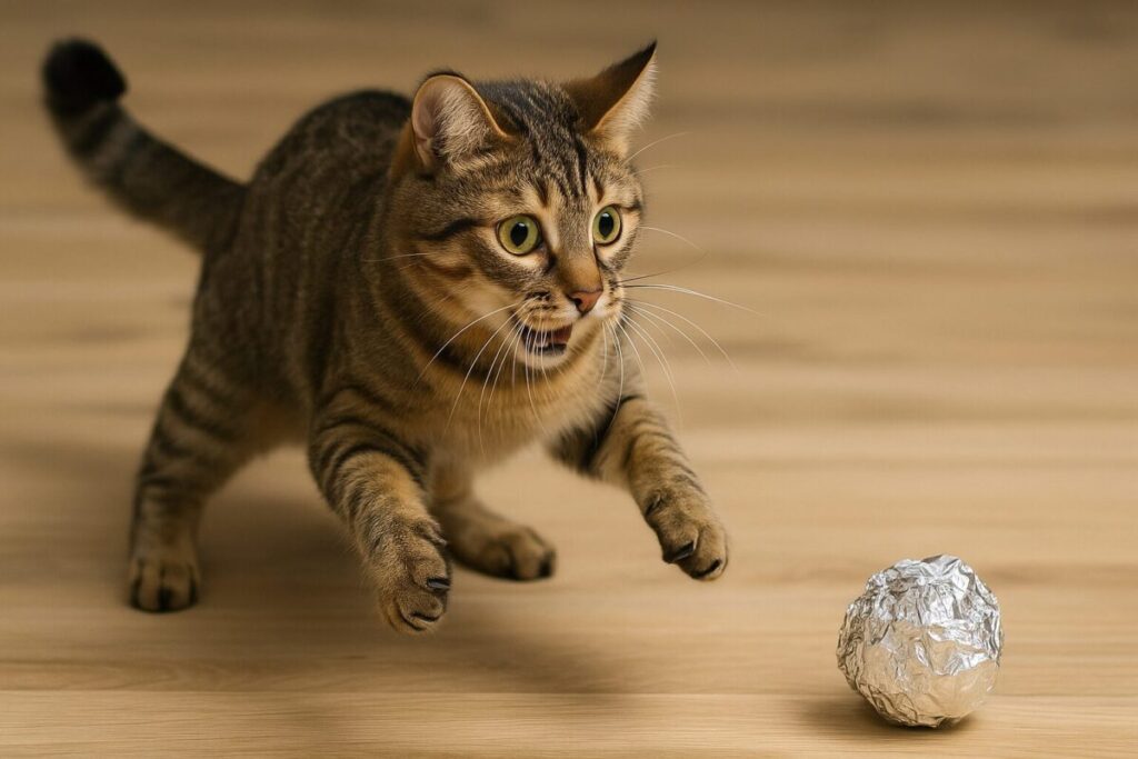 アルミホイルのボールに向かって飛びかかる猫の写真