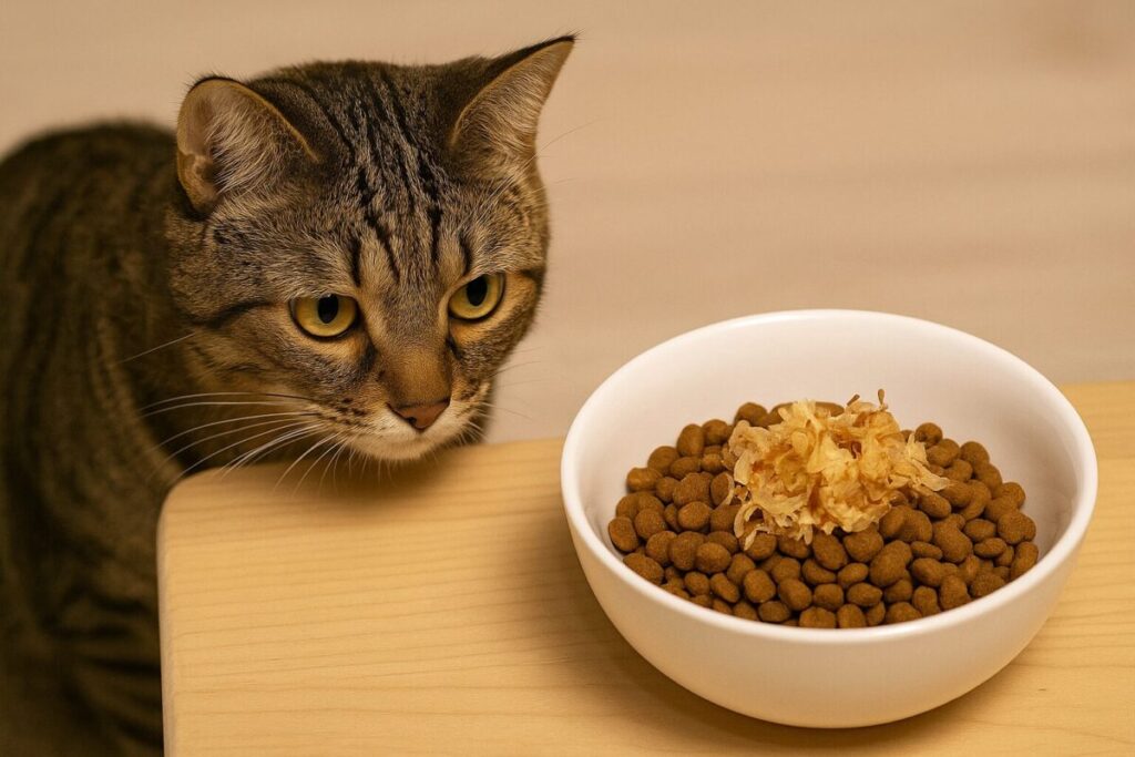 猫がふりかけ付きカリカリをじっと見つめている写真