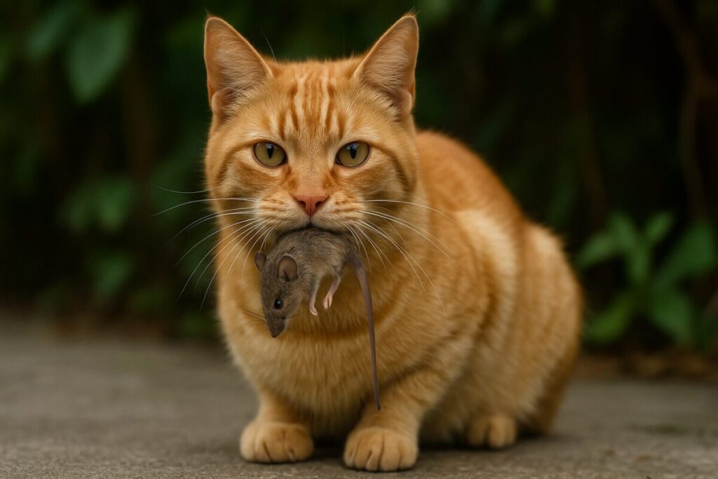 ネズミをくわえて誇らしげな表情をする茶トラ猫の写真