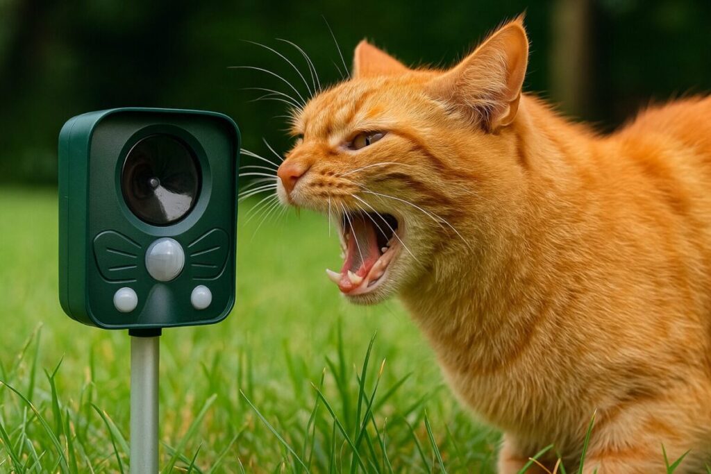 超音波猫よけ機器に威嚇する茶トラ猫の横長写真