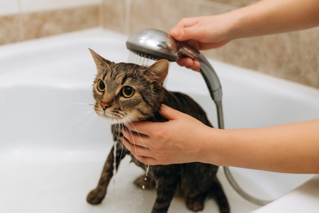 猫がお湯だけで丁寧に洗われている様子の写真