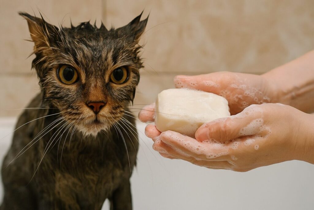 石鹸で洗われている濡れた猫の写真