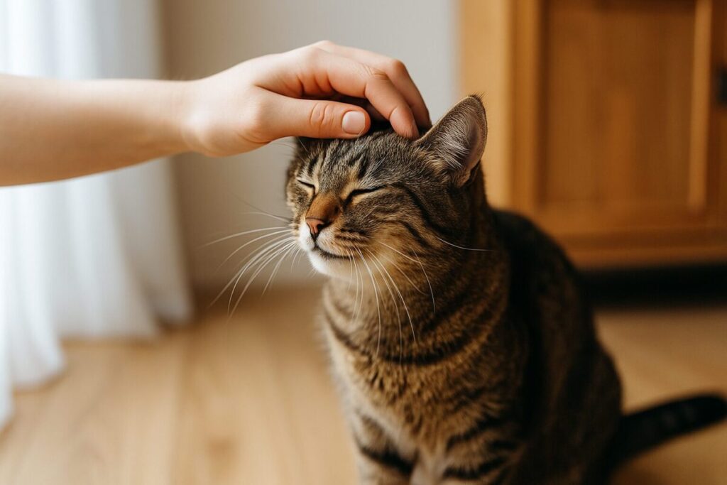 静かになでられて落ち着いている猫の様子