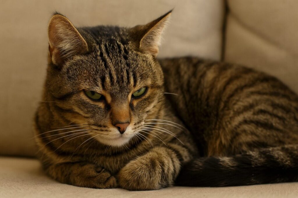 不機嫌そうな顔で横たわるストレスを感じた猫