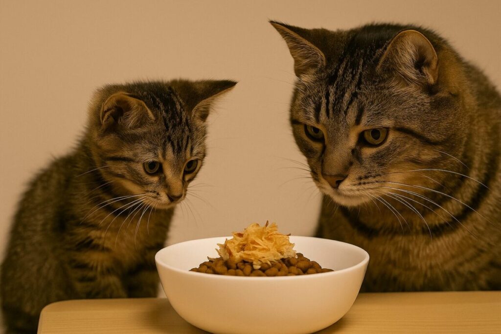 子猫と老猫が一緒にふりかけ付きごはんを見ている写真
