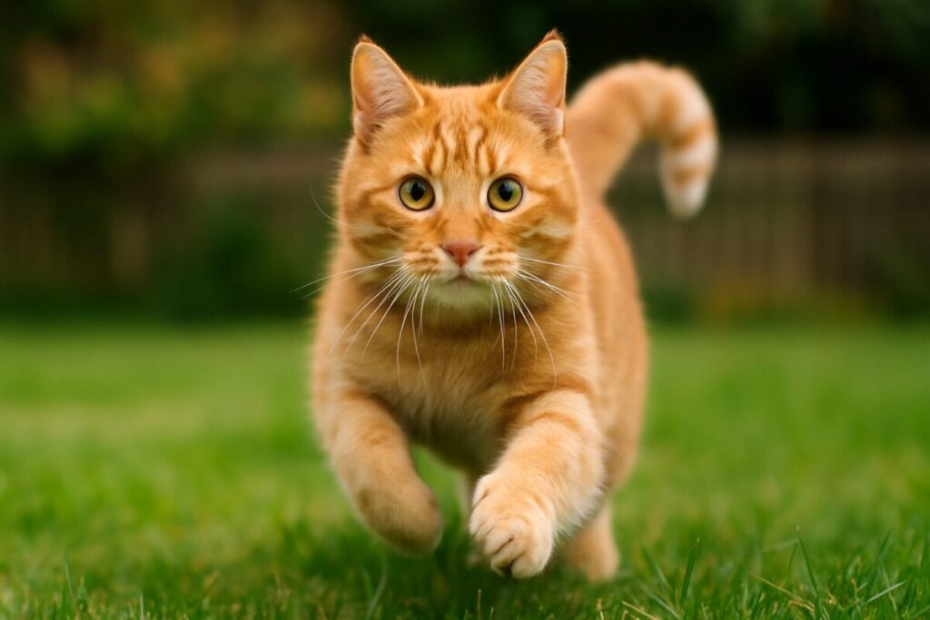 芝生の上を元気に走る遊びたい猫