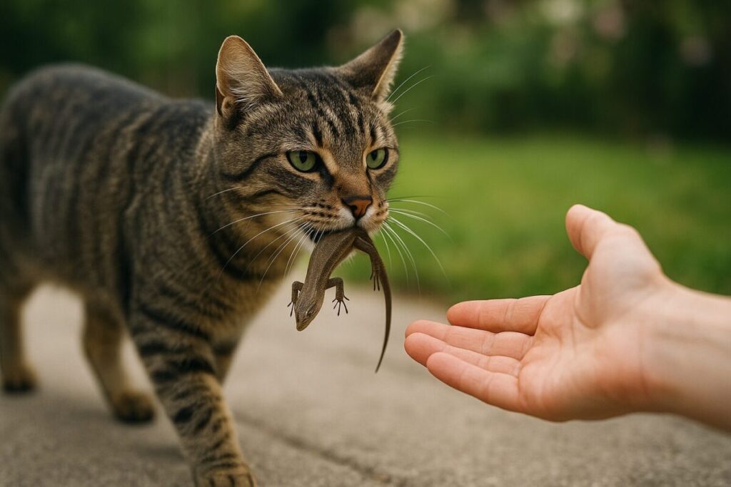 トカゲをくわえて飼い主に近づくキジトラ猫の写真