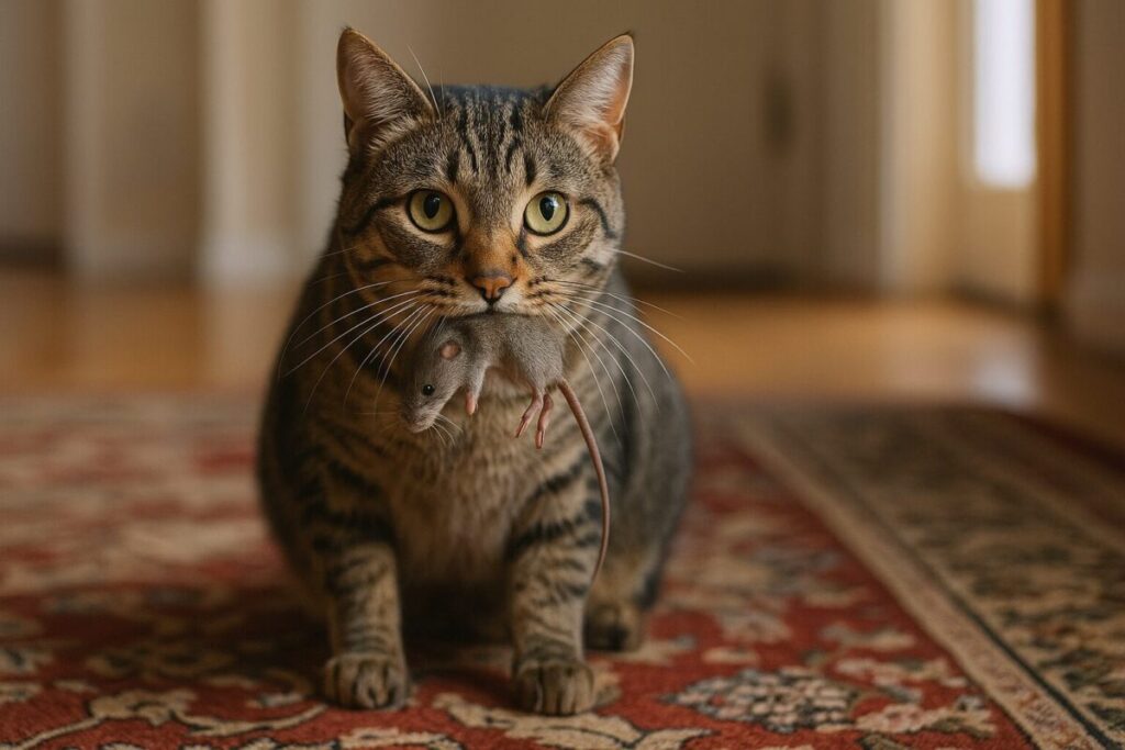 室内のラグの上でネズミをくわえたキジトラ猫の写真