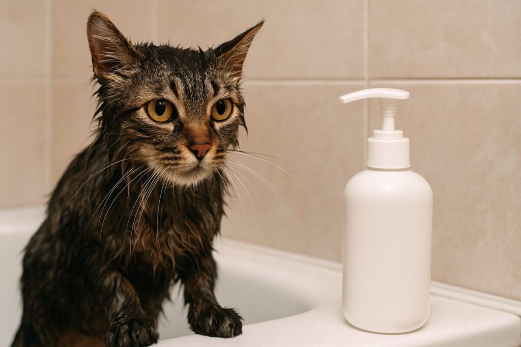 濡れた猫と白いシャンプーボトルが並ぶ写真