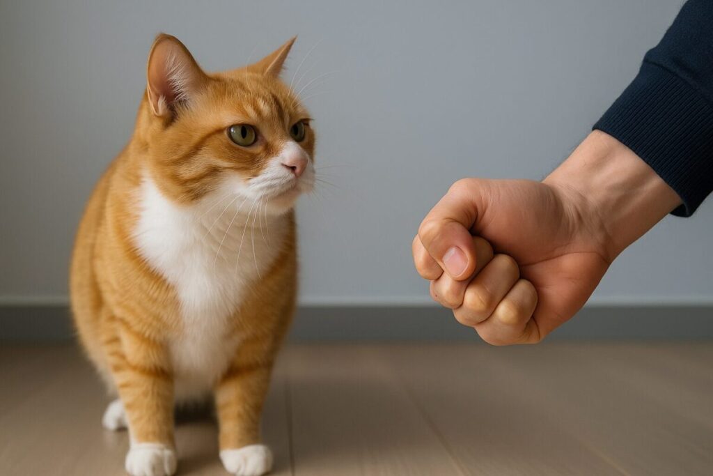 猫を前に感情を抑えようとする人の手