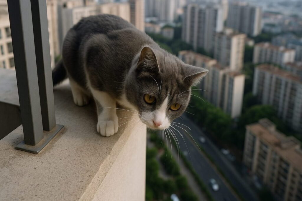 高層マンションのベランダの端に立つ猫が下を覗き込んでいる様子