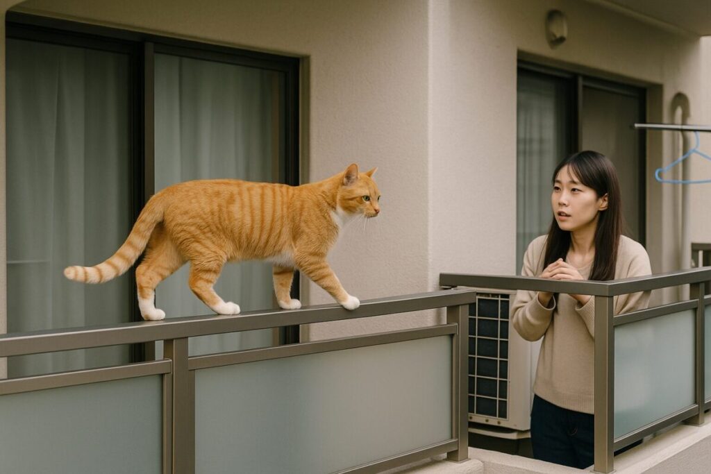 猫が隣のベランダに侵入して驚く女性の様子
