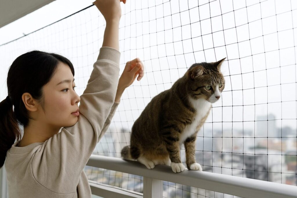猫のためにベランダに落下防止ネットを設置する女性の様子