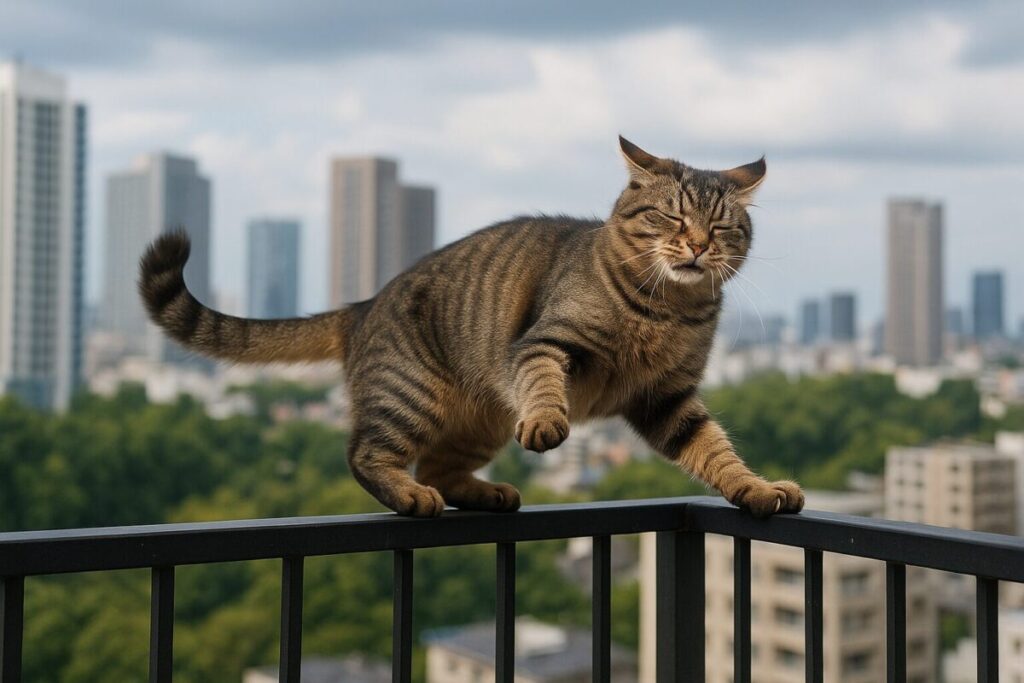 高層マンションのベランダで風に煽られてバランスを崩しそうな猫の様子