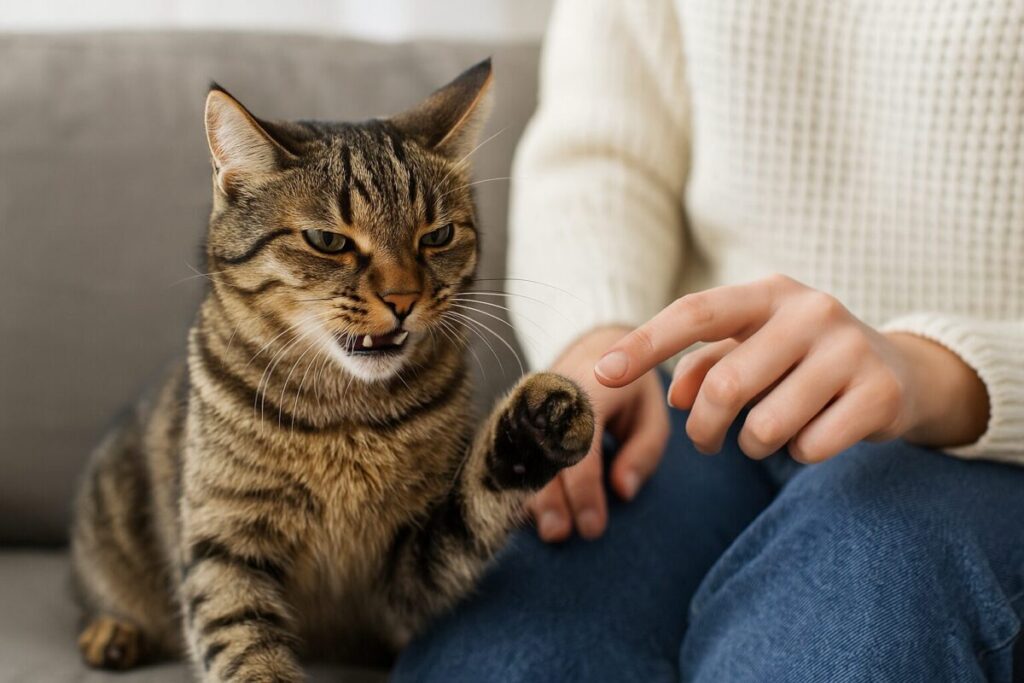 飼い主の手を嫌がるわがままな猫の様子