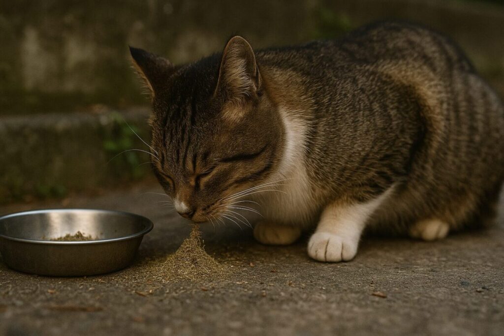 またたびの匂いを嗅ぐ警戒心の強い猫の写真