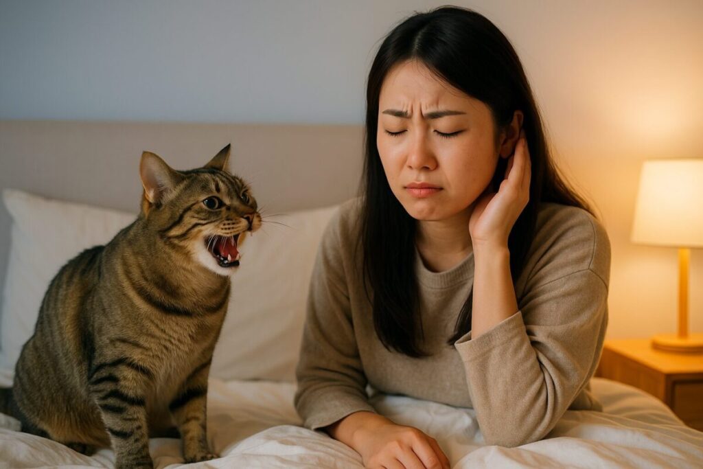 夜泣きする猫と困った表情の女性