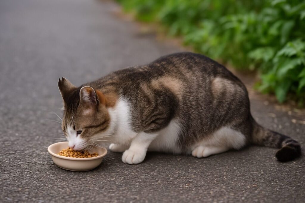 道路で餌を食べるキジ白猫の様子