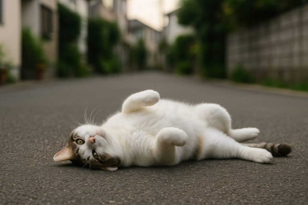 住宅街の道路で仰向けに寝転ぶ白とキジトラの猫の様子