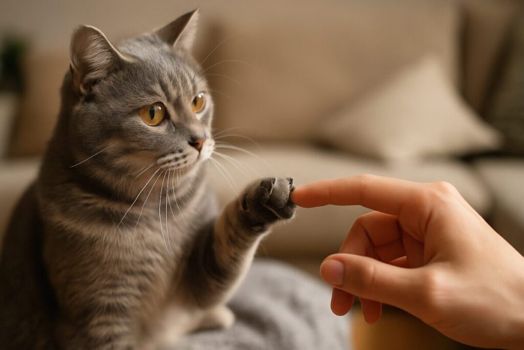 猫が前足で人の指に優しくタッチしている様子の写真