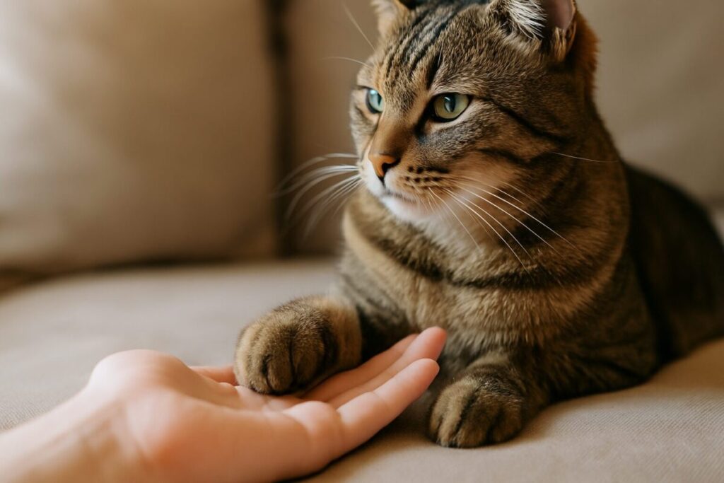 猫が飼い主の手にそっと前足を置いて信頼を示している写真