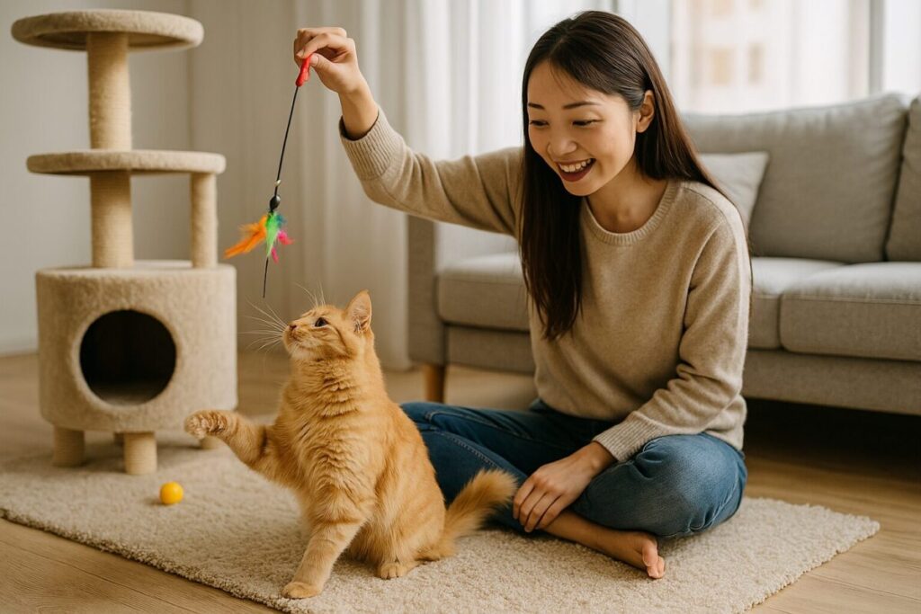 室内でおもちゃを使って猫と遊ぶ女性の微笑ましい様子