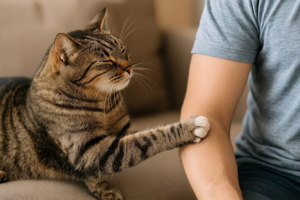 猫が前足で人の腕をグイグイ押している様子の写真