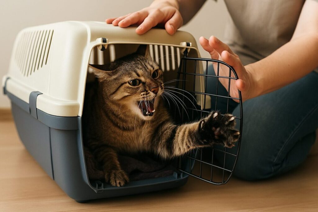 キャリーの中で怒って手を出す猫の写真