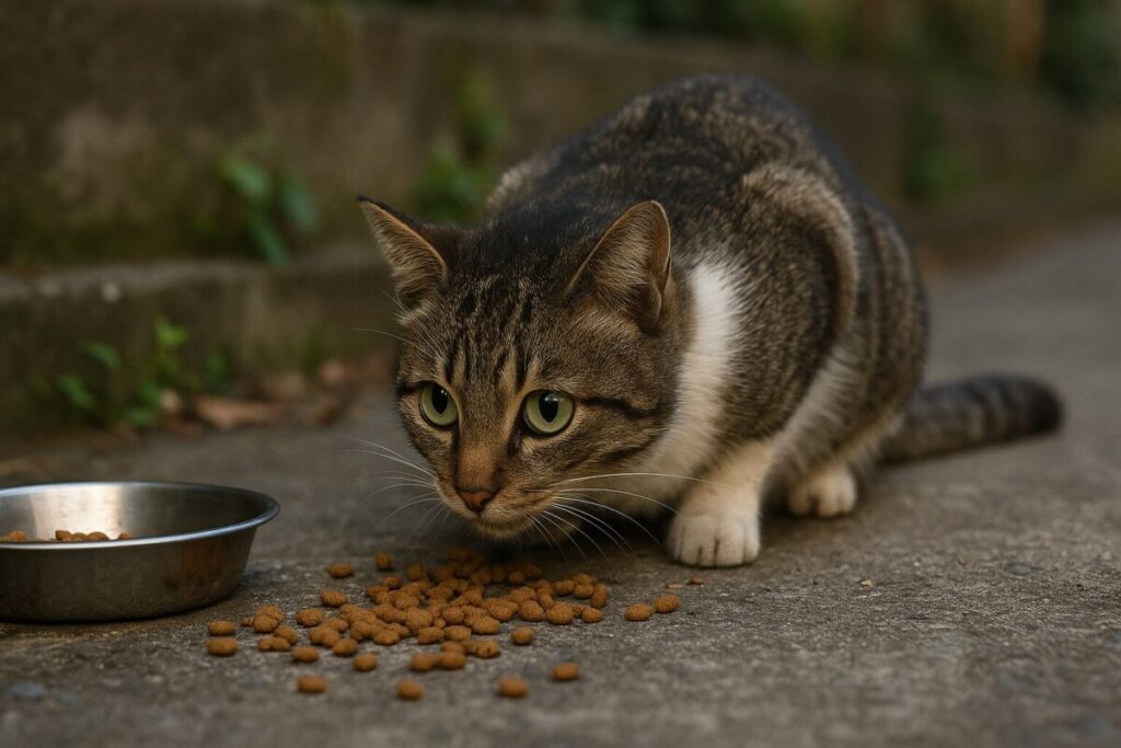 エサを食べに戻ってきた野良猫の写真
