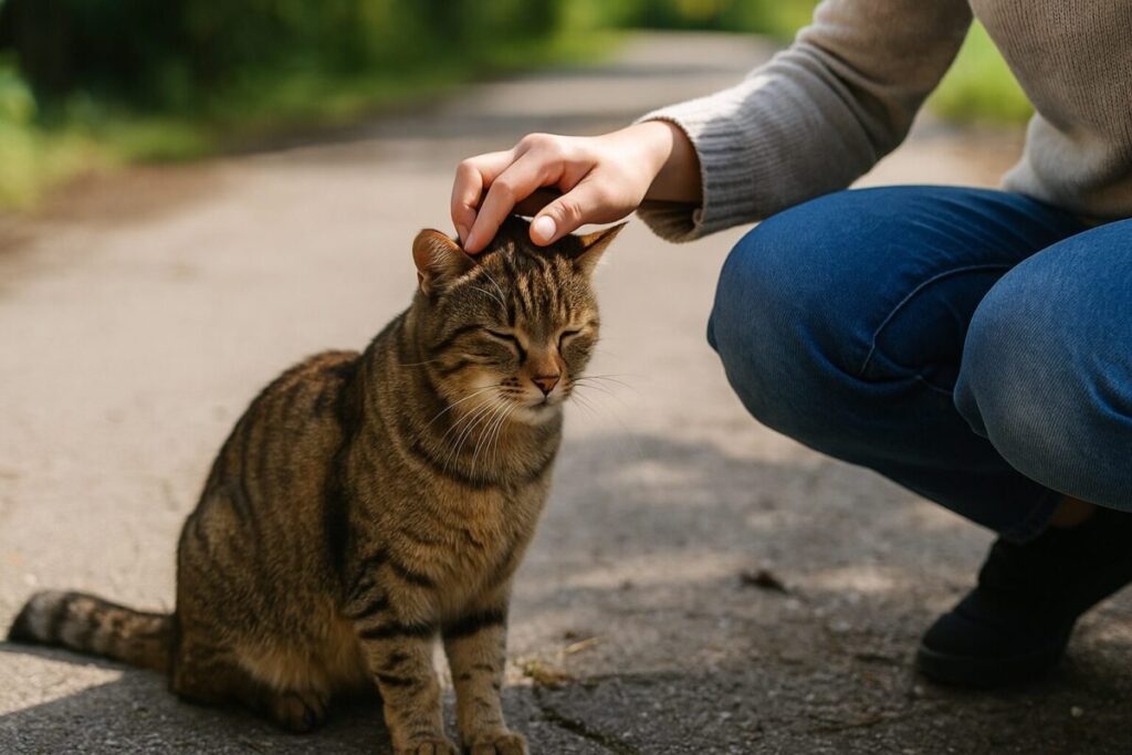 戻ってきた猫を優しく撫でる様子