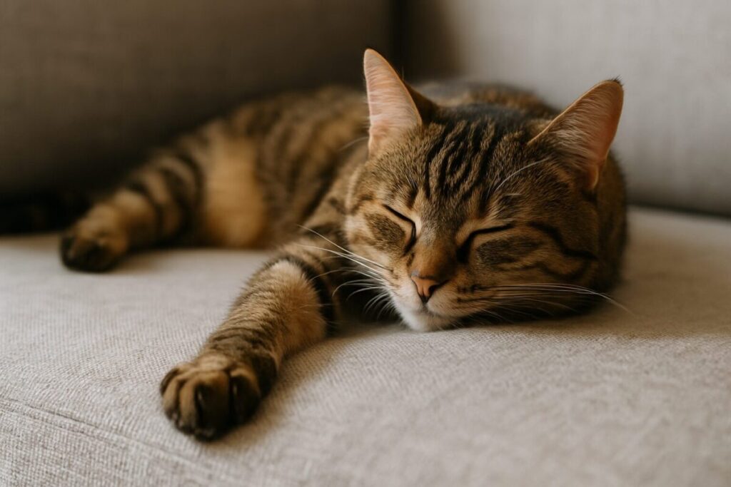 猫が前足を伸ばしてリラックスして寝ている様子の写真