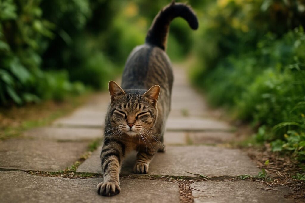 猫が体を伸ばしながら飼い主の方へ歩み寄っている様子の写真