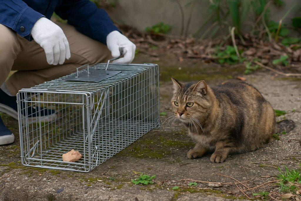 捕獲器の前で野良猫を見守る人の写真