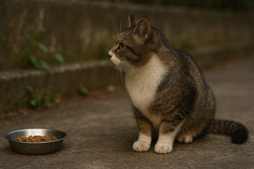 再会を待つように静かに座る野良猫の写真