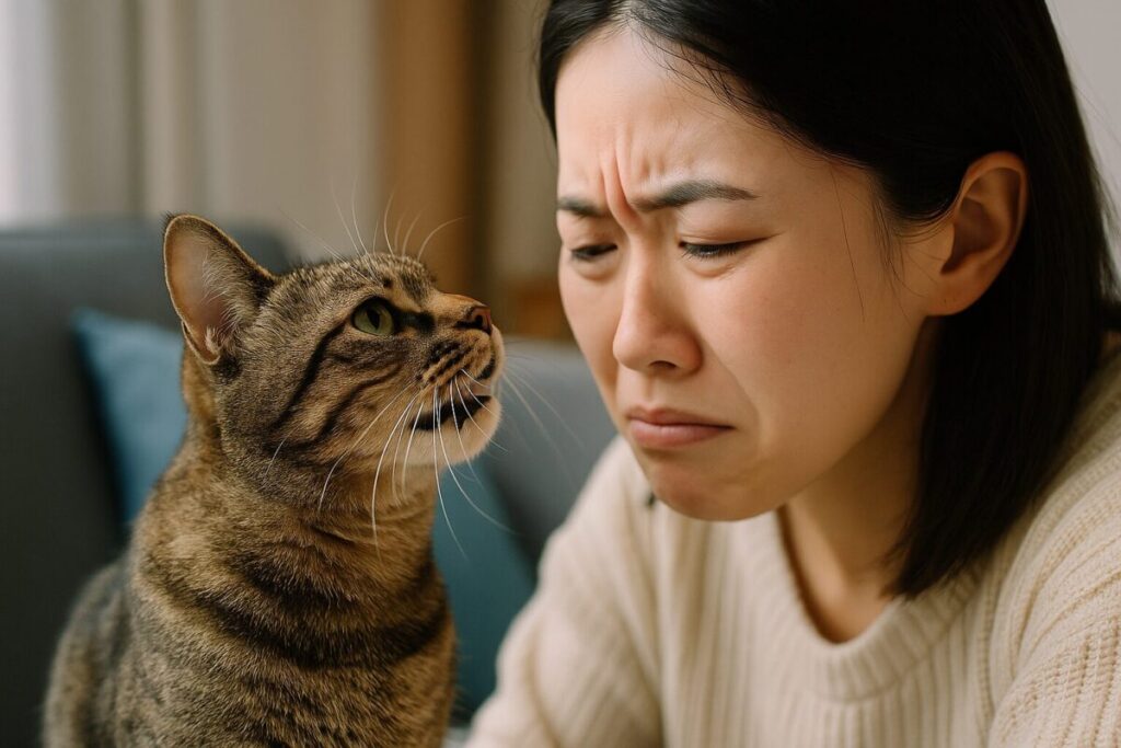 不安げな表情で猫を見つめる女性の様子