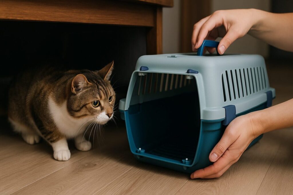 家具の下に隠れる猫にキャリーを近づける様子の写真