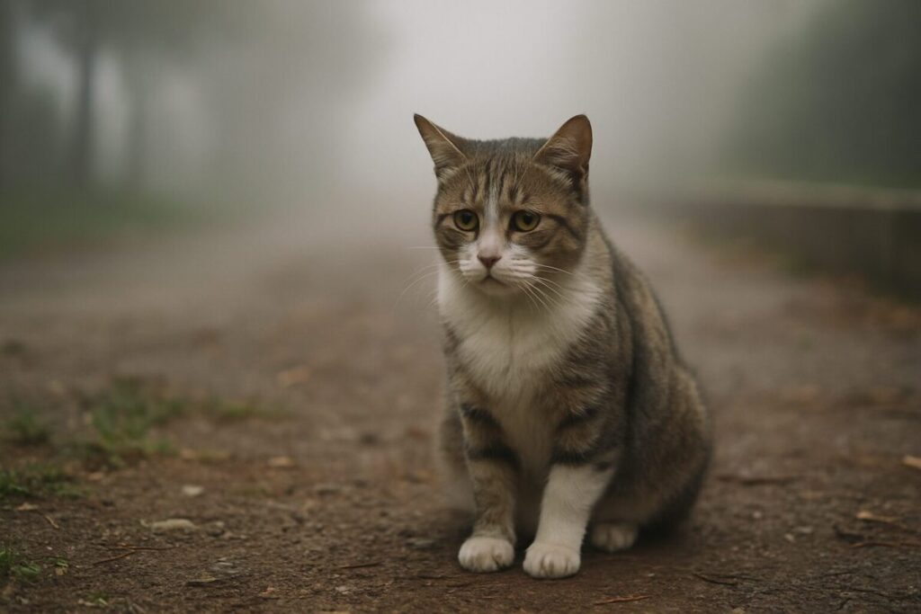 霧の中で道に座る寂しげな猫