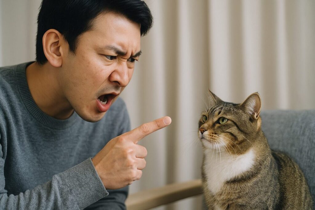 猫を叱ろうとしている男性の様子