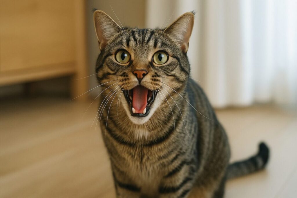 大きな口を開けて鳴く元気なキジトラ猫